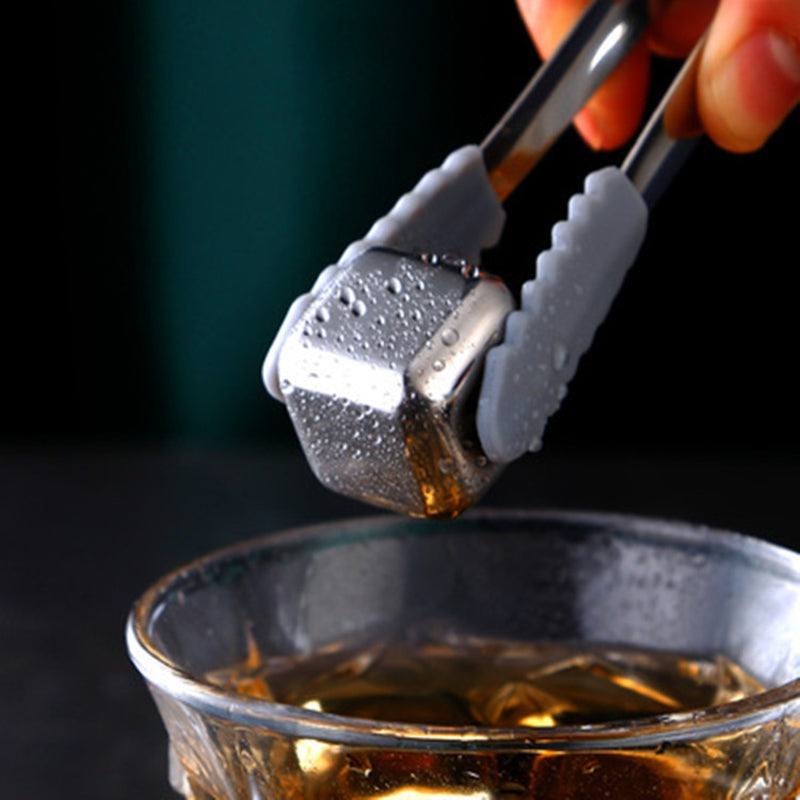 6Pcs Stainless Steel Whiskey Wine Stone Ice Cube With Tong Reusable Cooling Rock