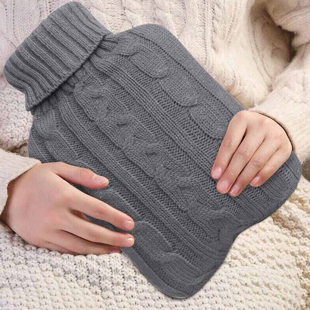 2L Hot Water Bottle Knitted Cover Winter Warm Rubber Bag Relaxing Warmer Grey