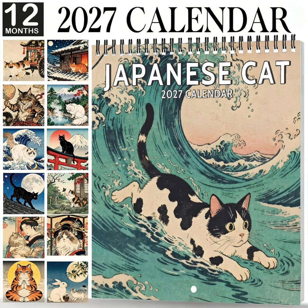 Cat 2027 Wall Calendar – Japanese Retro Cat Month-to-View Hanging Calendar
