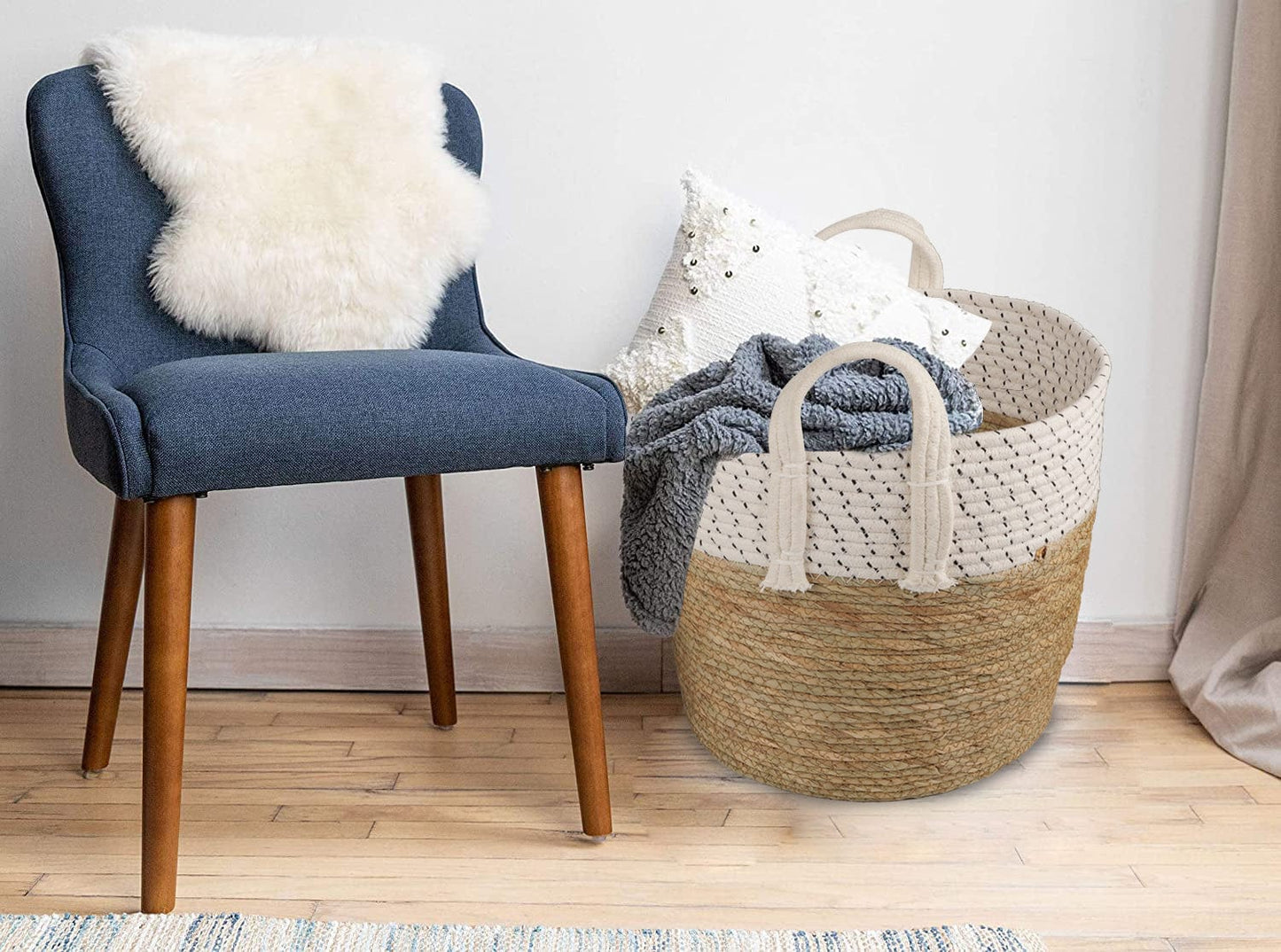 3 Piece Cotton Rope Stripe Carry Handles Storage Baskets Set