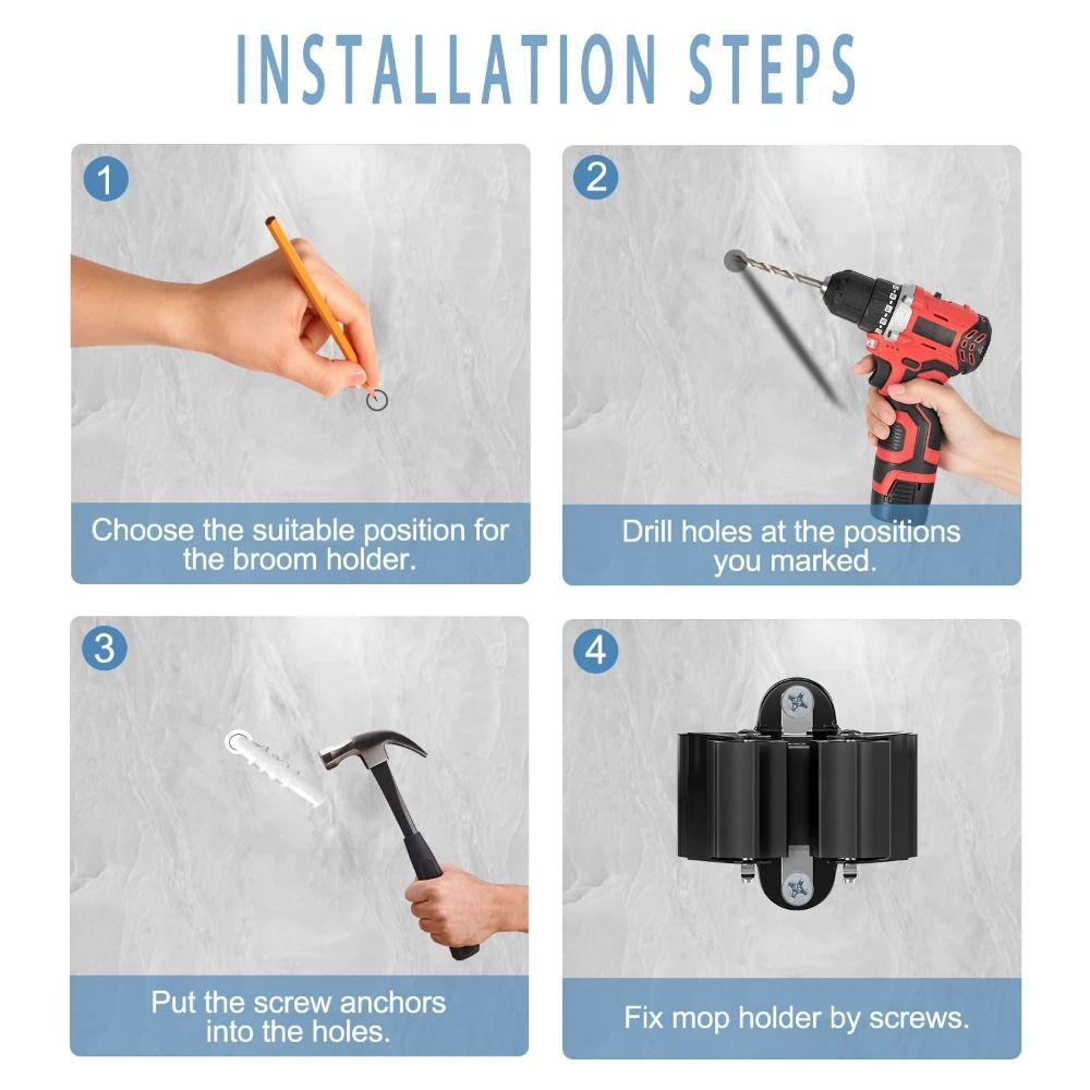 4pcs Stainless Steel Broom Hanger Wall Mounted Mop Holder Home Mop Storage Clip