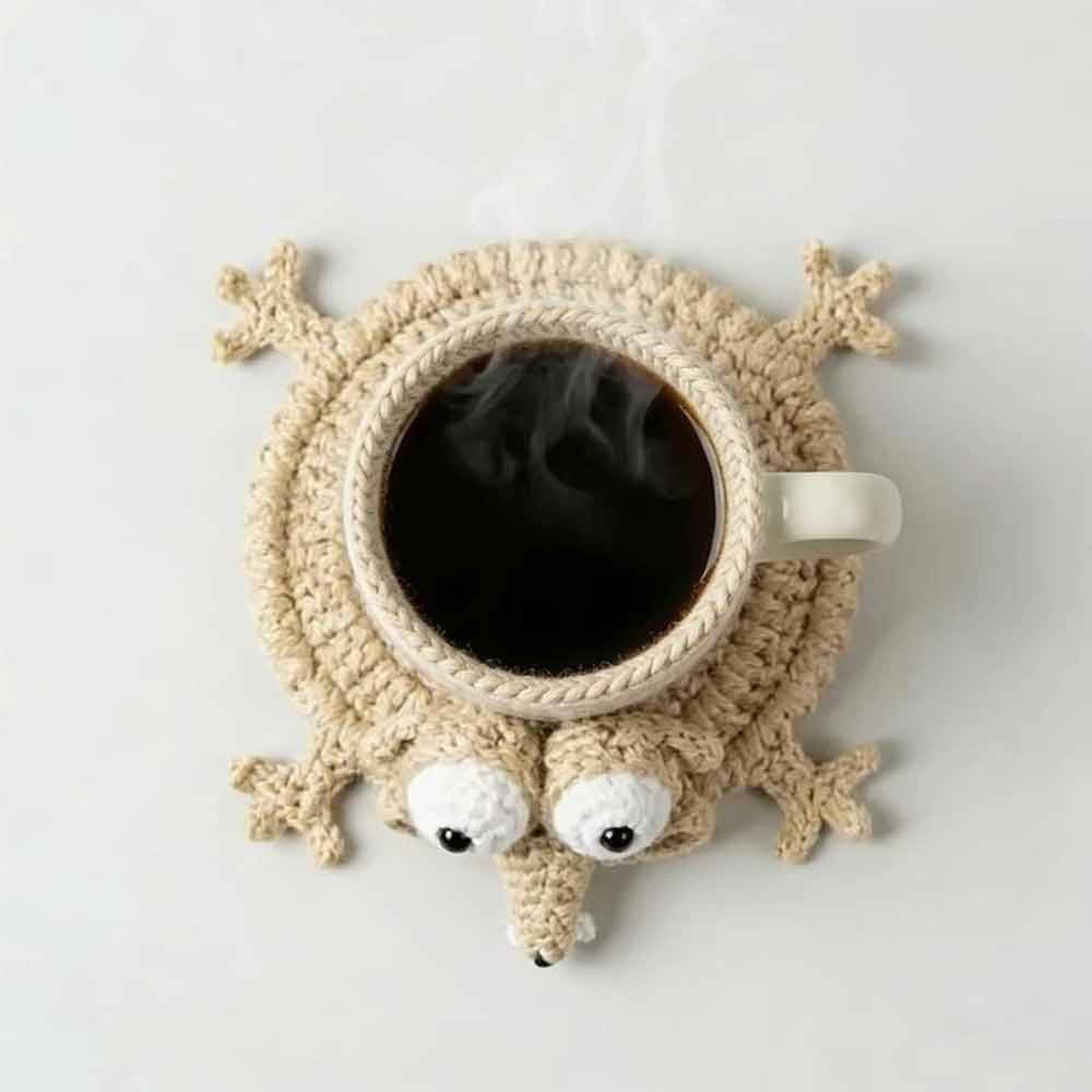 Handmade Crochet 3D Animal Coaster – Cute Knitted Mug Rug, Round Drink Cup Mat
