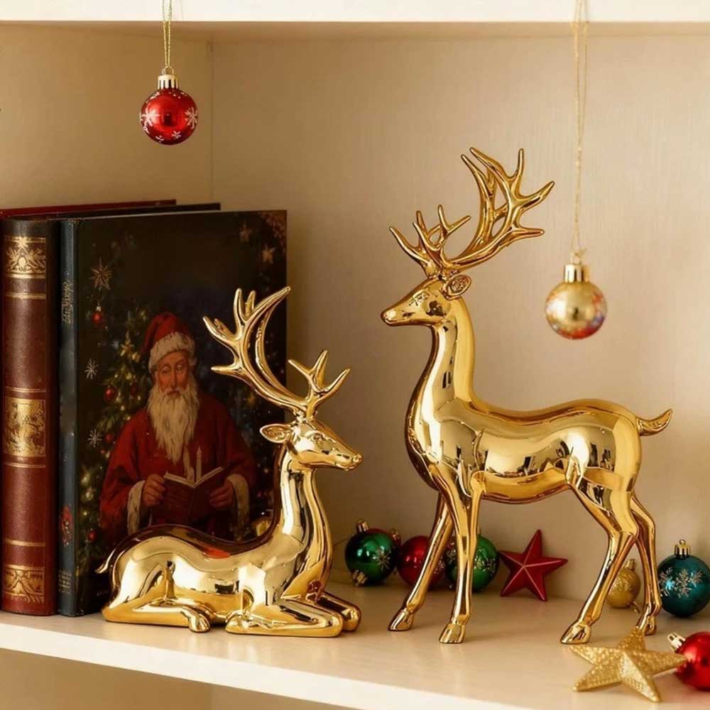 2Pcs Gold Reindeer Statues - Christmas Table Figurines & Holiday Centerpieces