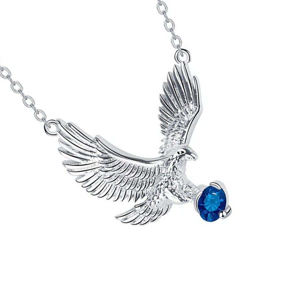 European Style Eagle Pendant Necklace for Women - Silver Plated Chain with Blue CZ Stone