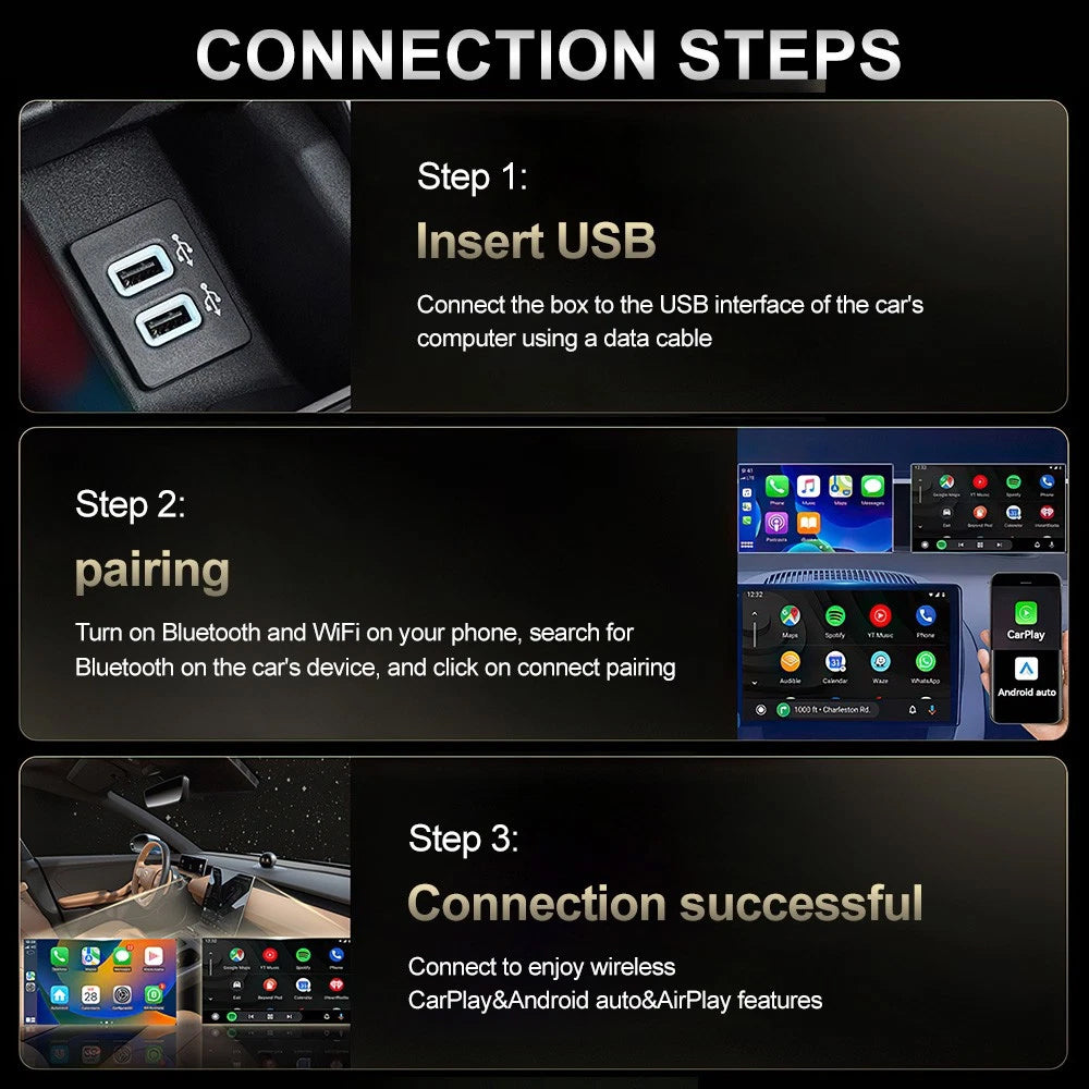3-in-1 Wireless CarPlay & Android Auto Adapter - iOS Mirror, USB Plug & Play