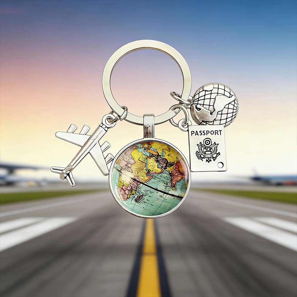 Traveller Keyring World Map Keychain with Charms - Vintage Travel Gift for Wanderlust