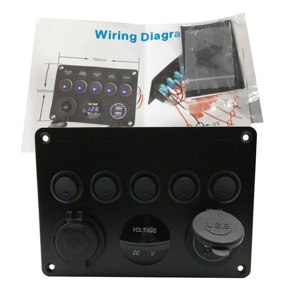 5 Gang Campervan RV 12V LED Light Switch Control Panel Voltmeter USB Charger