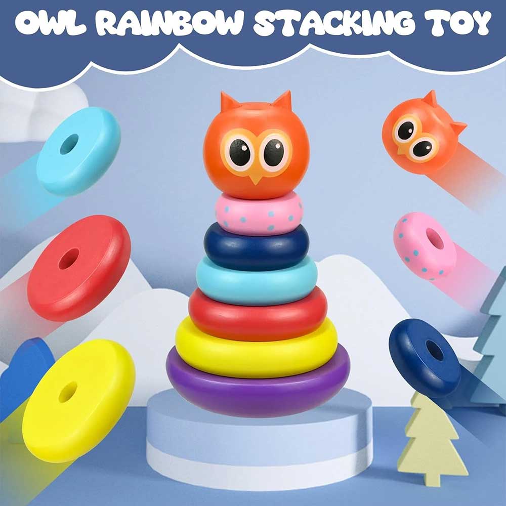 Owl Tumbler Stacking Toy Wooden Rainbow Spinning Rings Tower