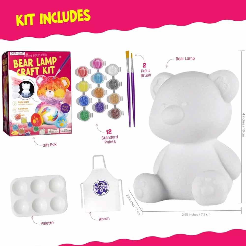 Arts & Crafts Bear Lamp Kit – Paint Your Own Lamp with 12 Paints & Brushes
