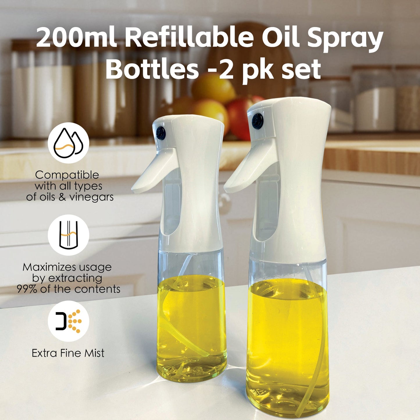 2 Pack 200ml Refillable Oil & Water Spray Bottles – Kitchen Cooking Misters