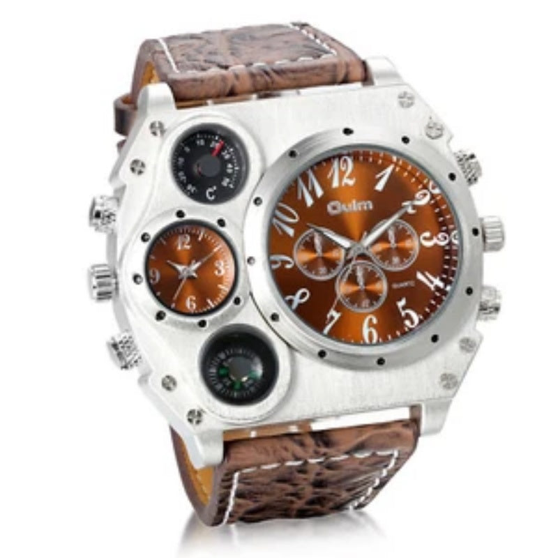 Men Army Sports Fashion Two Time Zones Big Dial Leather Strap Quartz Wrist Watch