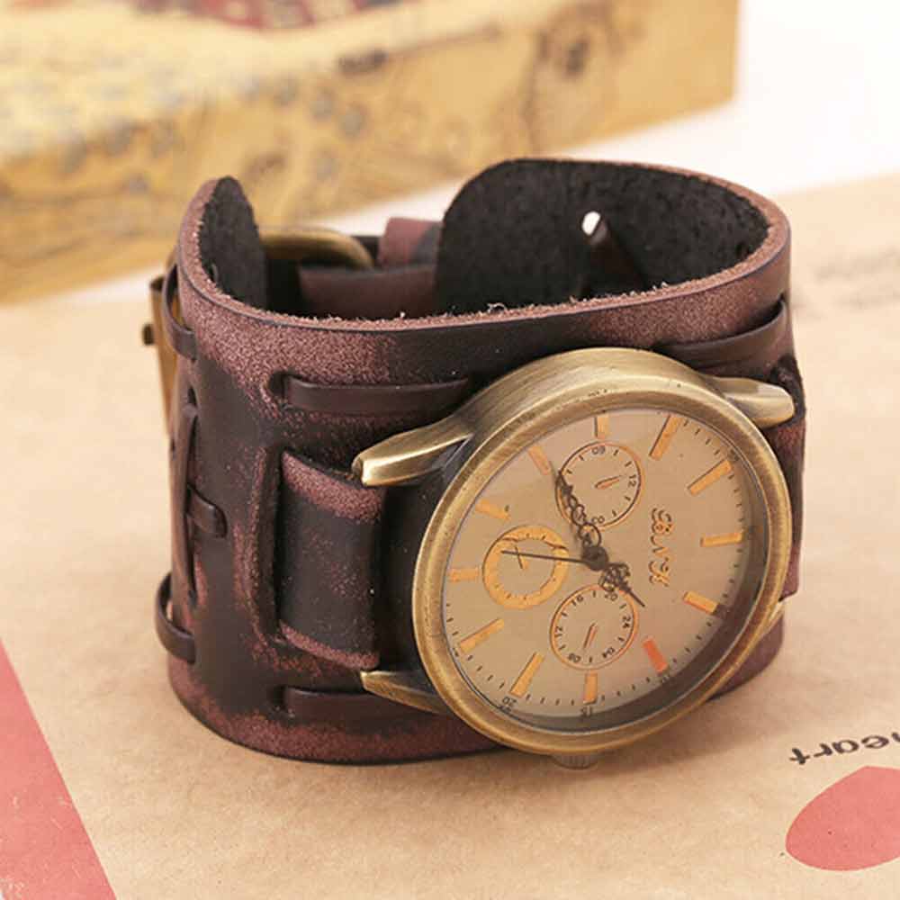 Retro Punk Rock Leather Bracelet Cuff Men Wrist Watch Wide Band Quartz Watch