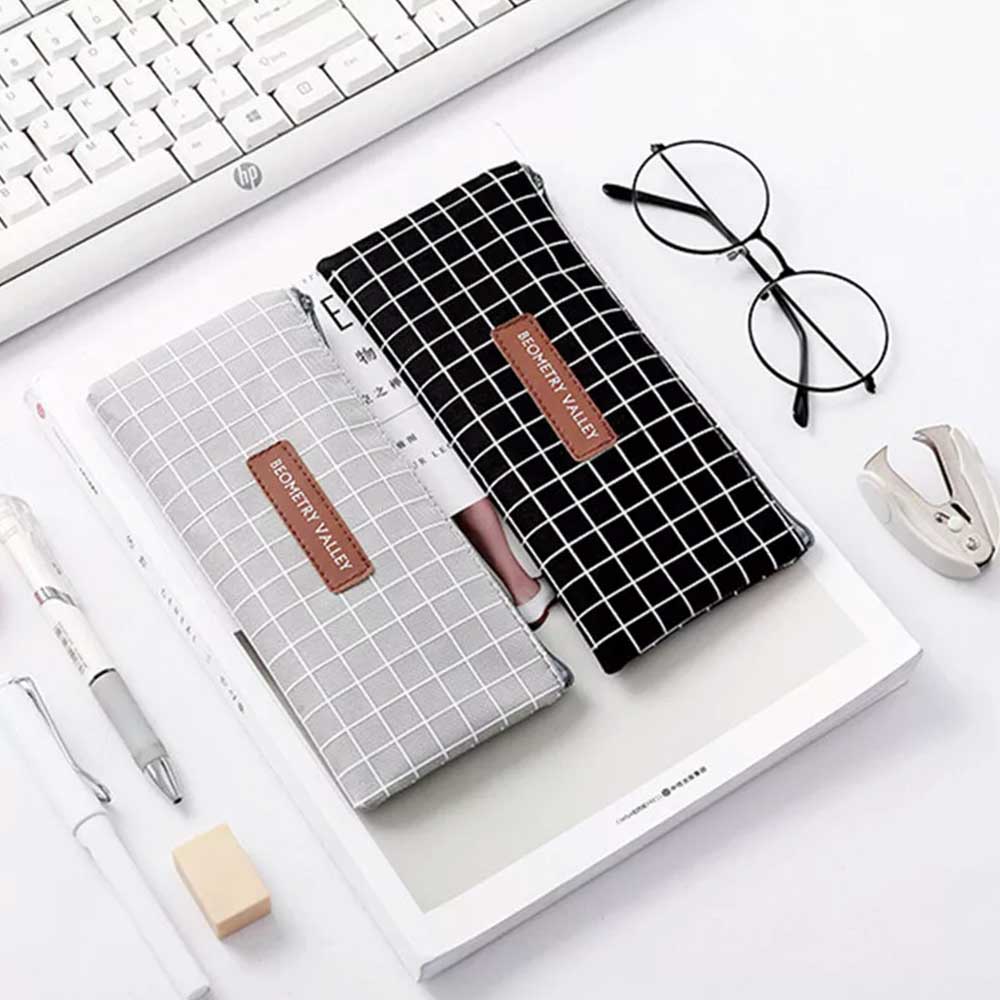 Grid Dots Canvas Pen Box Pencil Case Storage Bag Makeup Brush Pouch Stationery Gift