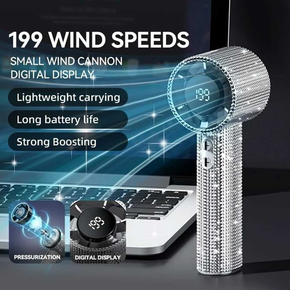 S5 Full White Diamond Handheld Turbo Fan - 199-Speed Portable LED Display Mini Fan