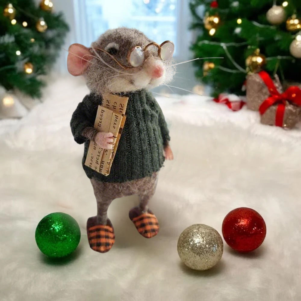 Needle Felted Mouse Christmas Decor - 10cm Handmade Felt Animal Ornament for Xmas Tree