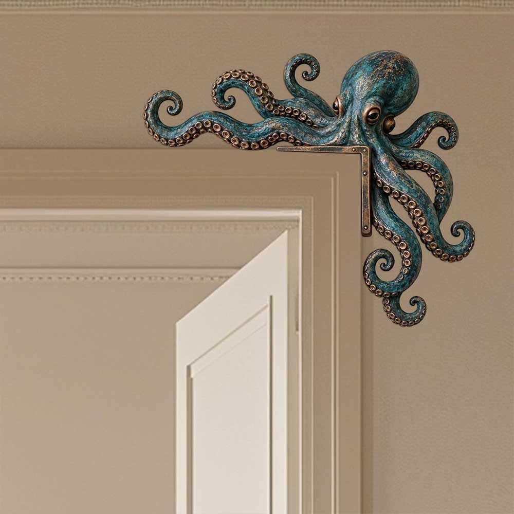 1Pair Octopus Door Frame Decor – Wooden Nautical Door Corner Statue, 20cm