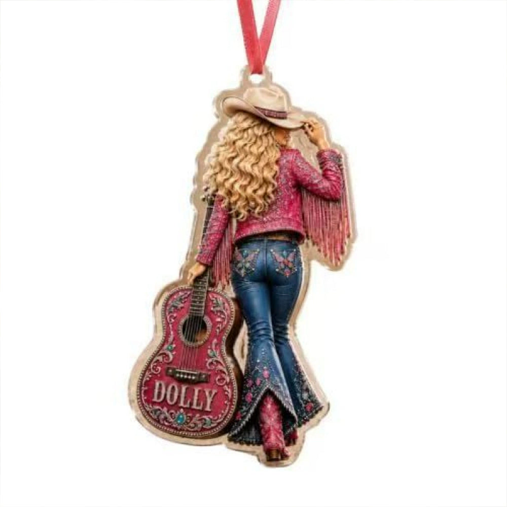 2D Dolly Parton Ornament – Acrylic Pink Fringe Guitar Christmas Decoration