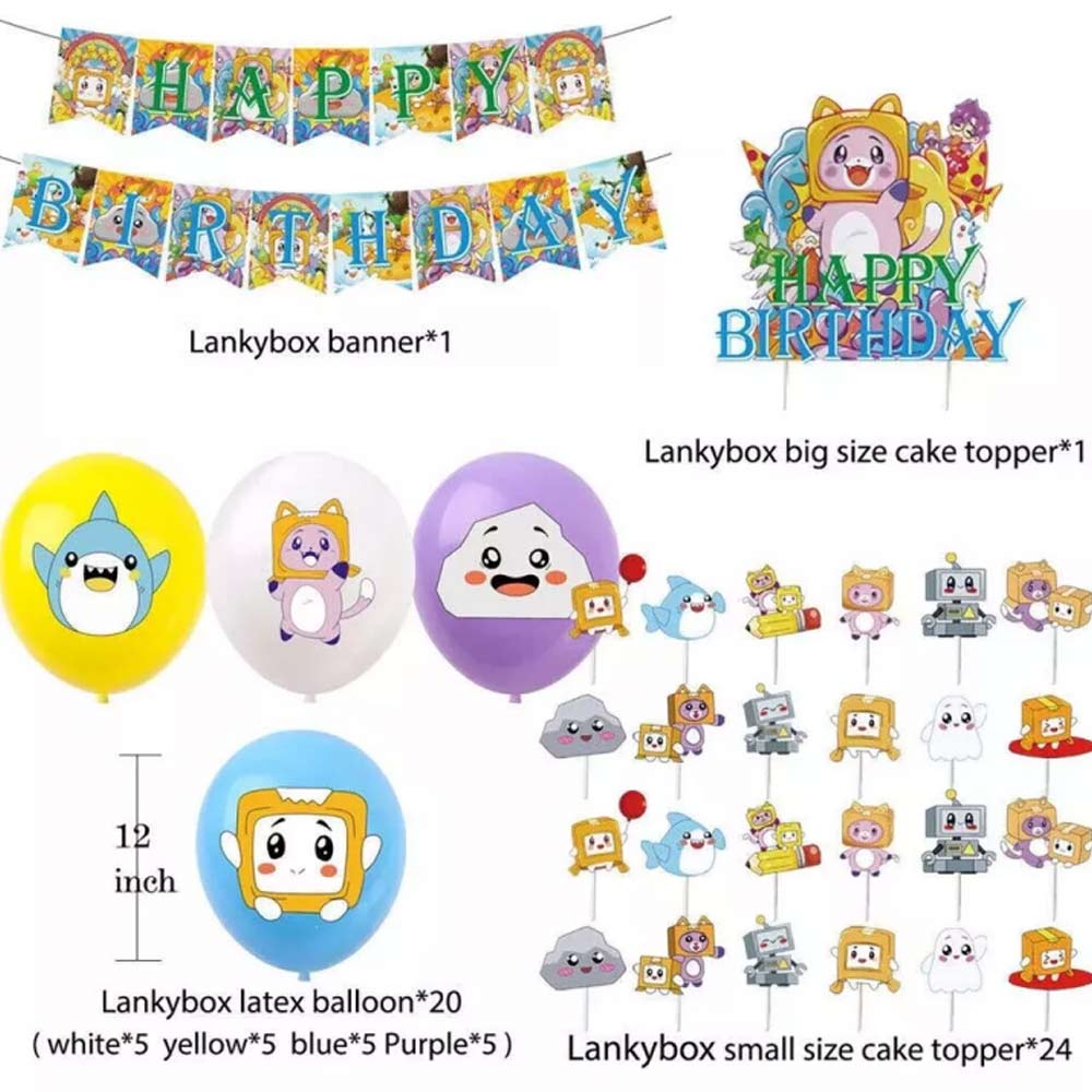 LankyBox Cartoon Kids Birthday Party Decor Balloons Banner Cake Toppers Set