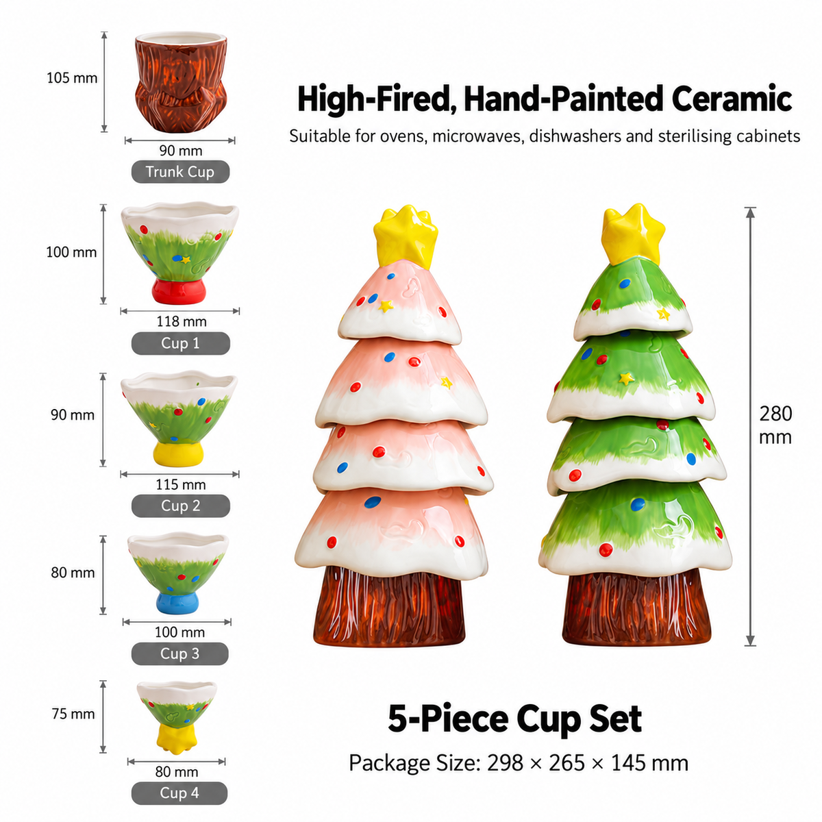 Stackable Christmas Tree Cup Set – 5PCS Hand-Painted Ceramic Tea Cups Gift