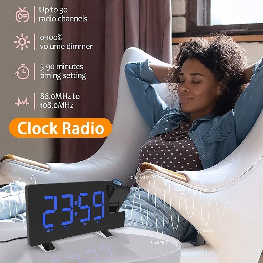 LED Digital Alarm Clock – Radio Projection Clock with Curved Screen & Dual Alarms