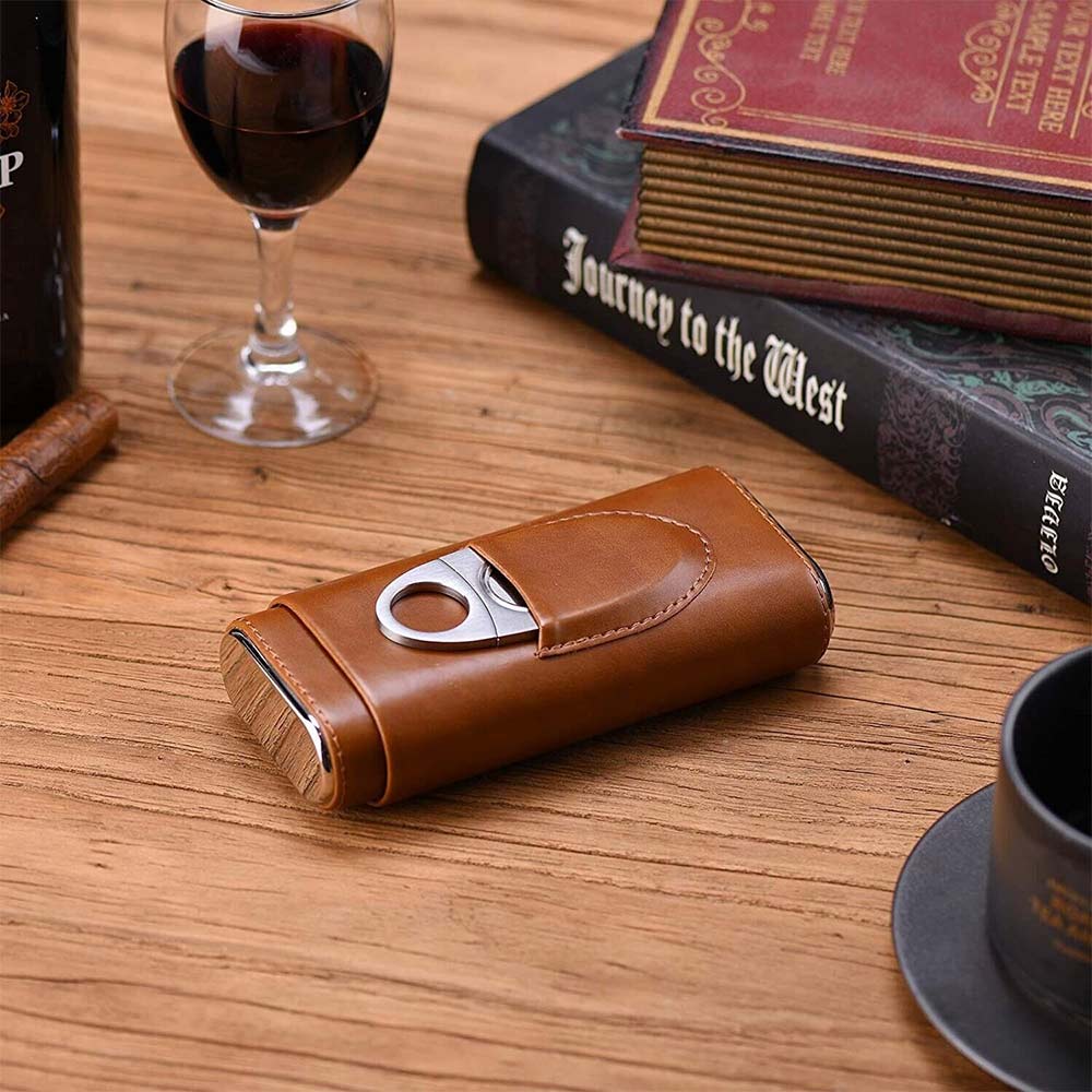 Cigar case Cedar Wood Lined - Cigar Travel case Cigar Cutter humidor case Brown