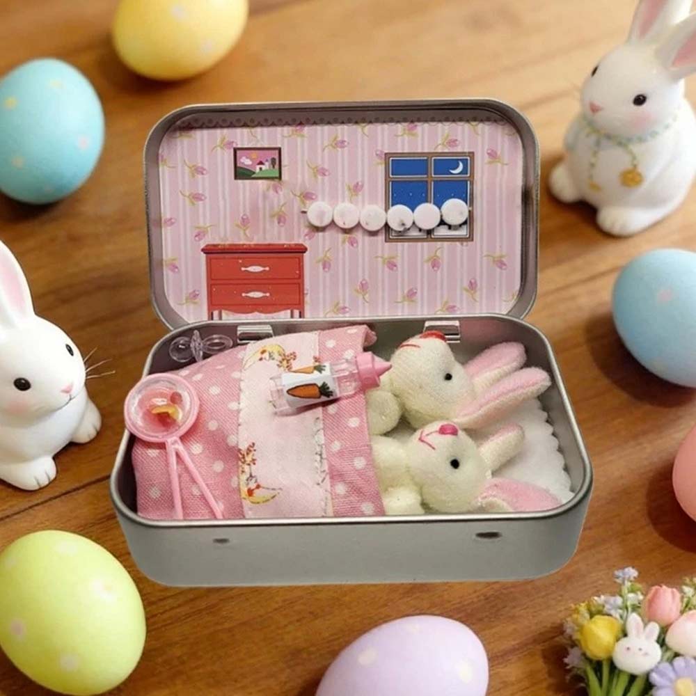 2 Bunnies in Tin Box - Easter Pocket Bunny Hug Plush Toys Ornament for Boys & Girls