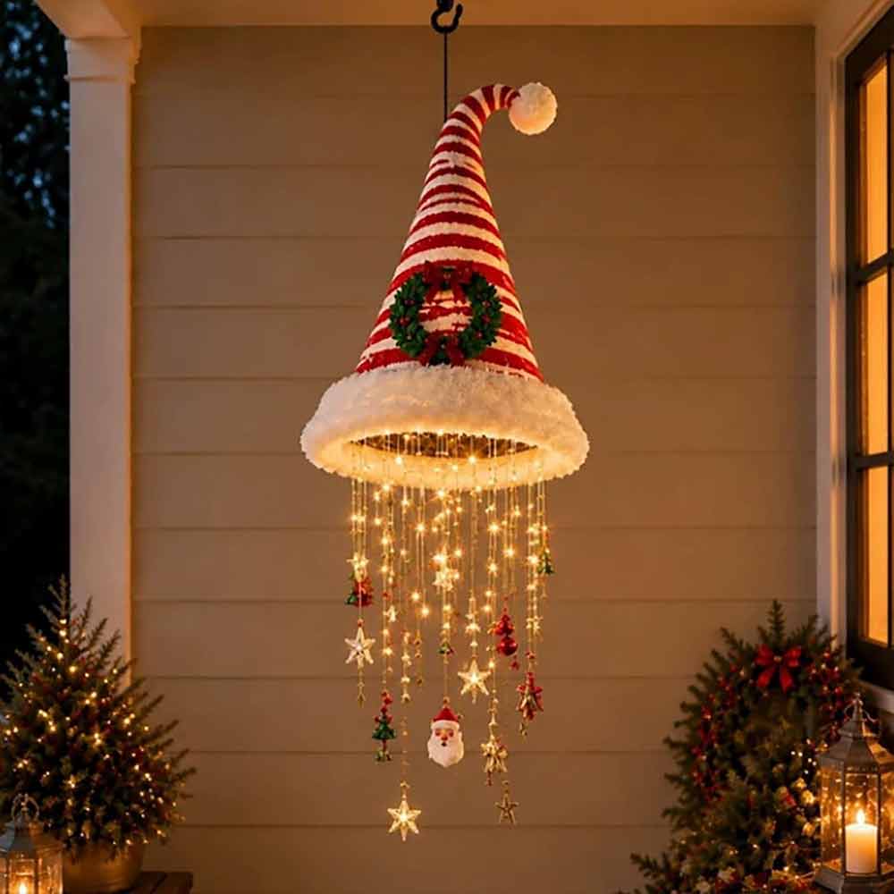 LED Santa Hat Decoration – Hanging Chandelier Light with Star Tassel for Christmas