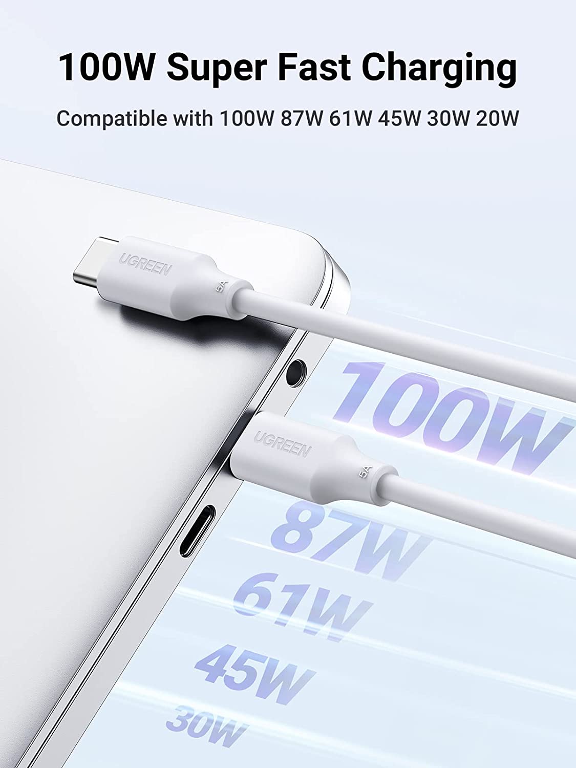 Pisen 1M 100W USB-C  To USB-C  5A Data Cable White