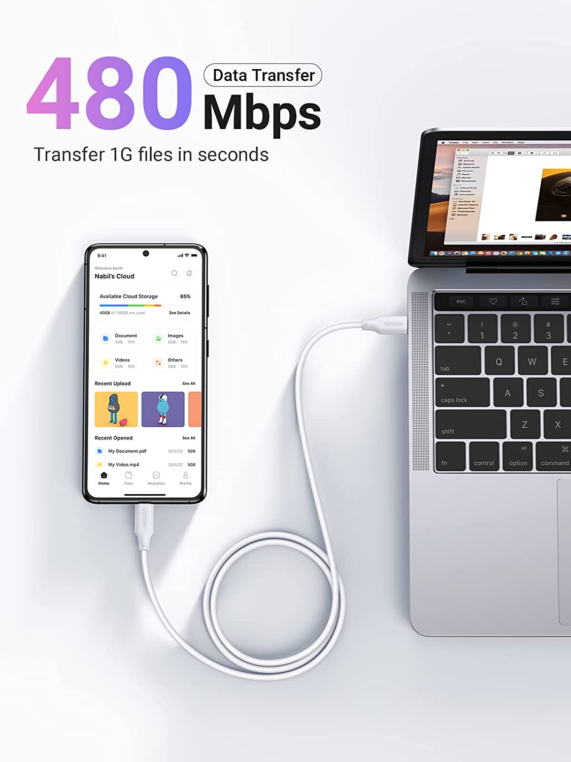 Pisen 1M 100W USB-C  To USB-C  5A Data Cable White