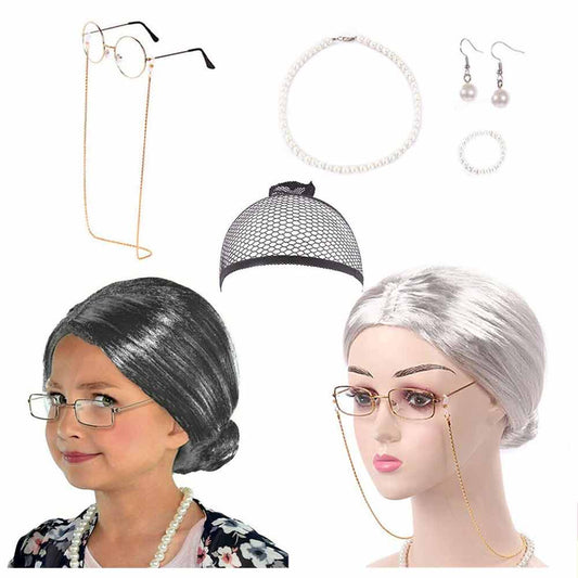 7 Pcs Grandma Old Lady Costume Set Granny Wig Adult Kids The 100Days Of School