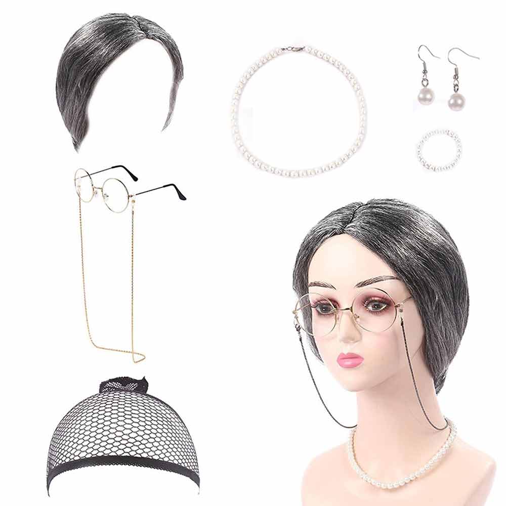 7 Pcs Grandma Old Lady Costume Set Granny Wig Adult Kids The 100Days Of School