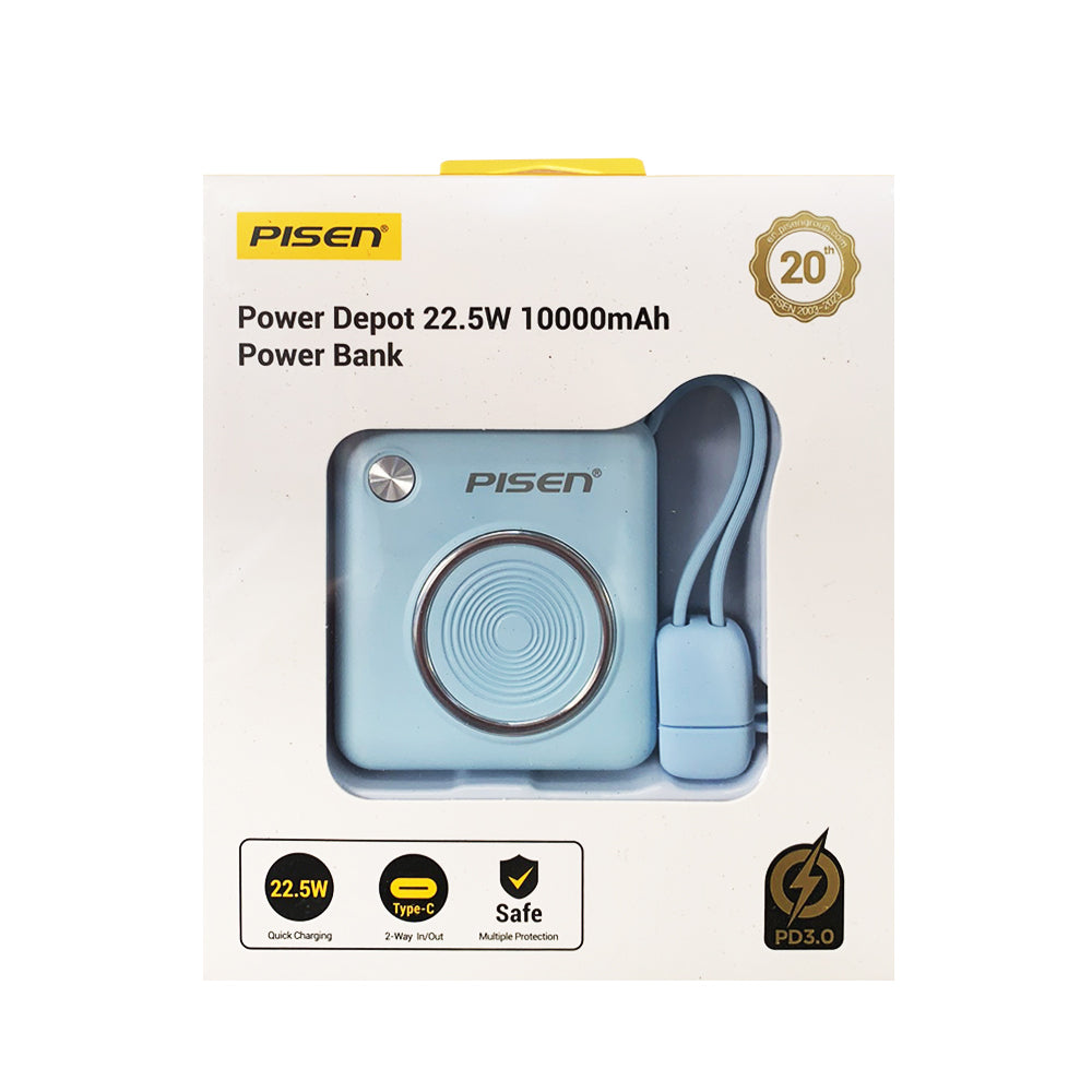 PD 3.0 Mini Fast Charging 22.5W Power Bank 10k (10000mAh) with Build-in Cable PISEN (Blue)