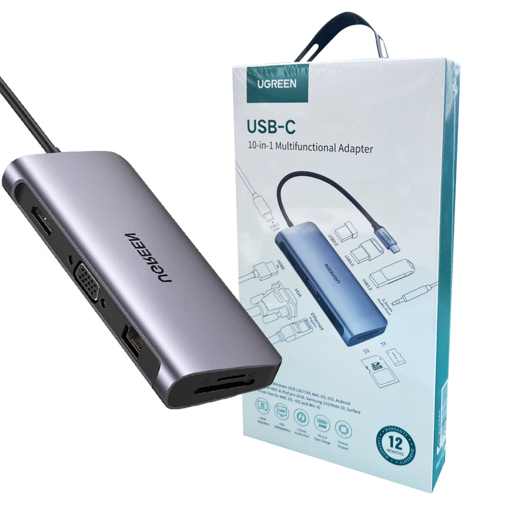 10-in-1 USB-C Adapter – HDMI VGA Ethernet USB 3.0 SD/TF & PD Charging Hub