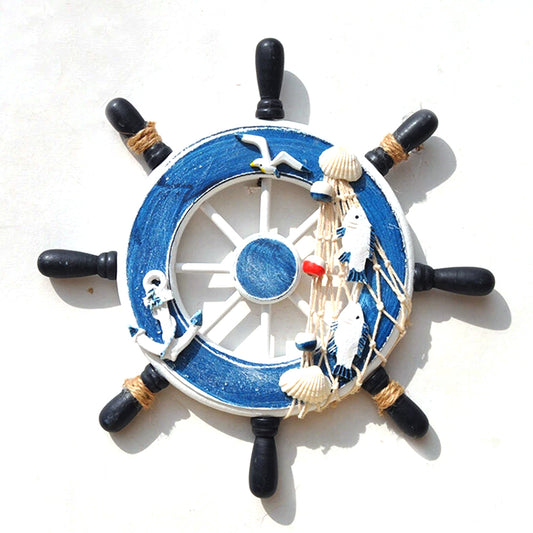 Wooden Ship Wheel Wall Decor, 23cm Nautical Steering Wheel with Blue Spokes for Beach House