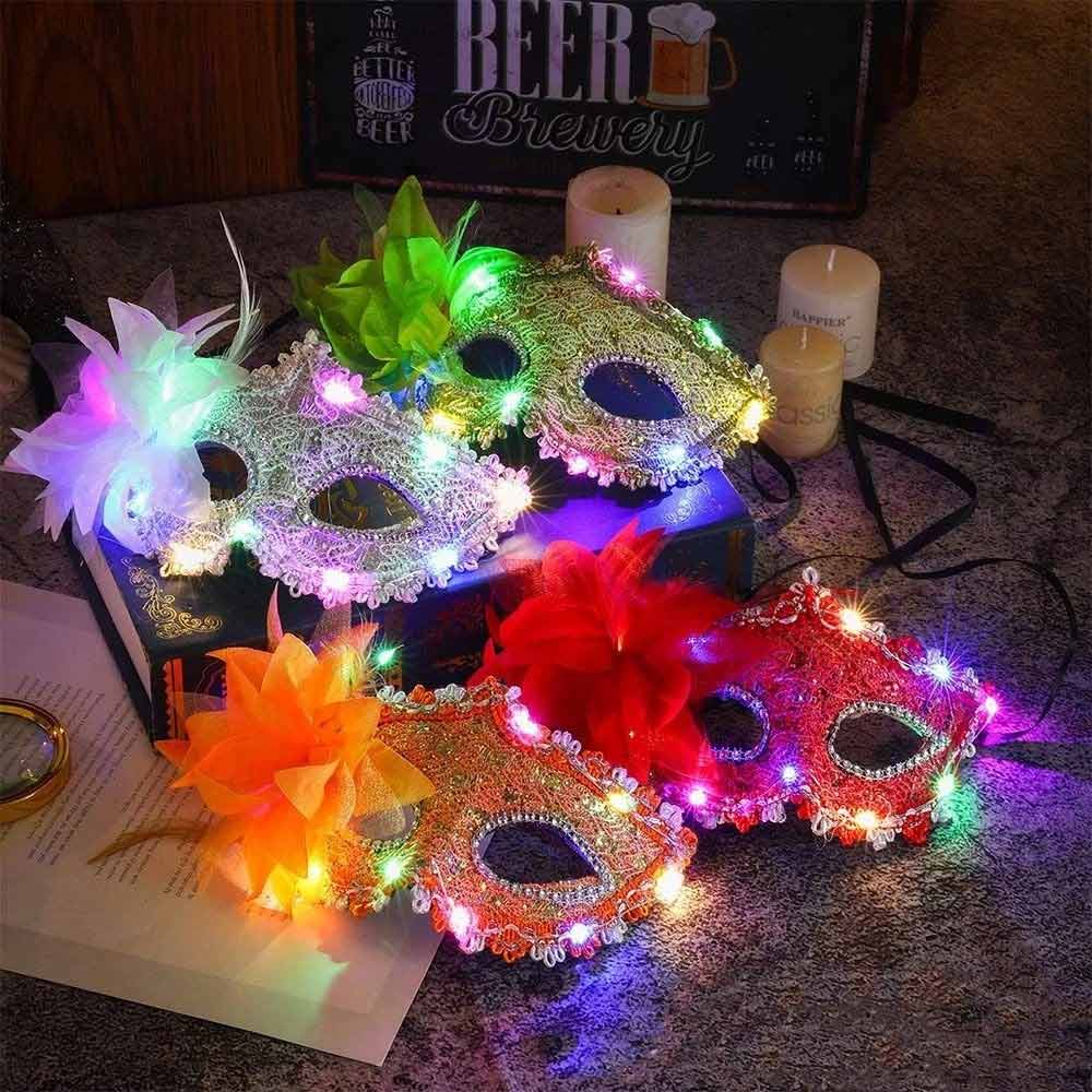 2X Random LED Masquerade Mask – Lace Venetian Light Up Mask with Side Flower for Women