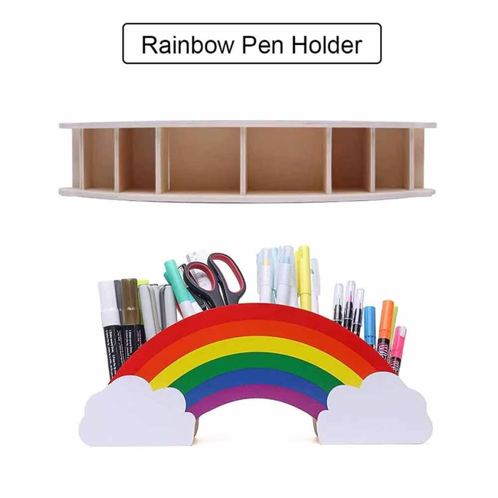 Rainbow Wooden Pen Holder DIY Pencil Container Storage Box Phone Desk Organizer
