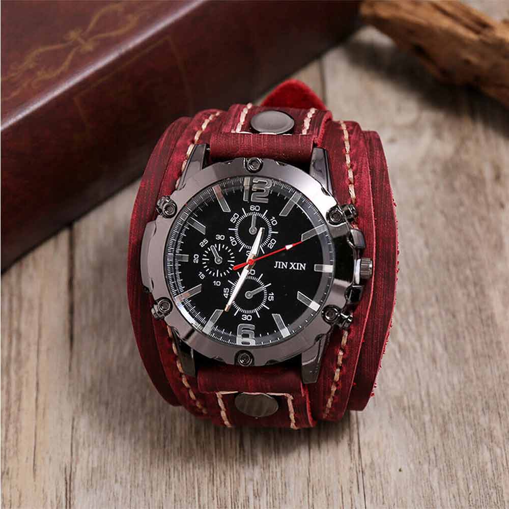 Men Punk Quartz Cuff Watch Wristwatch Military Retro PU-Leather Strap Watch