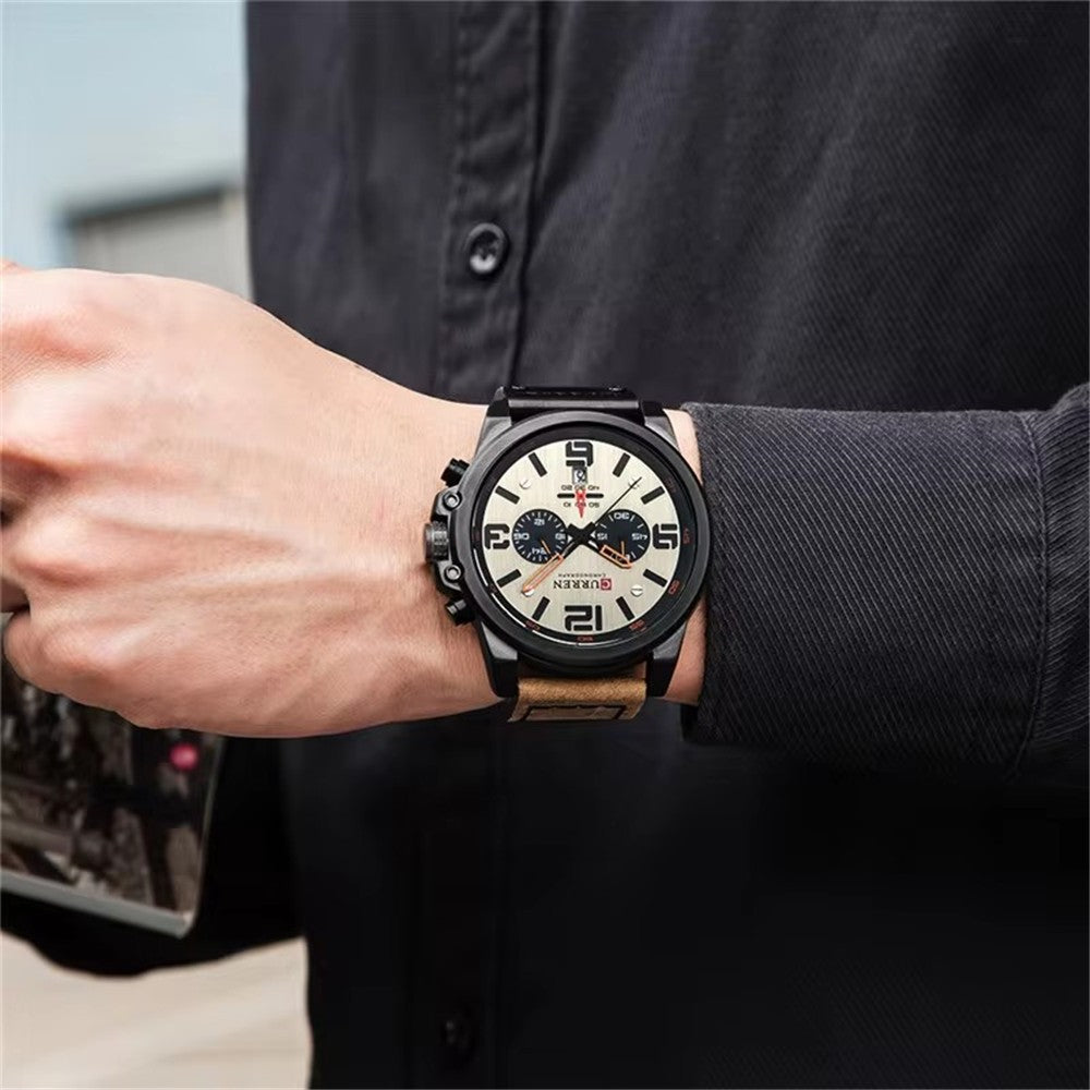 Men's Business Quartz Watch – Leather Chronograph Calendar 47mm Multifunction