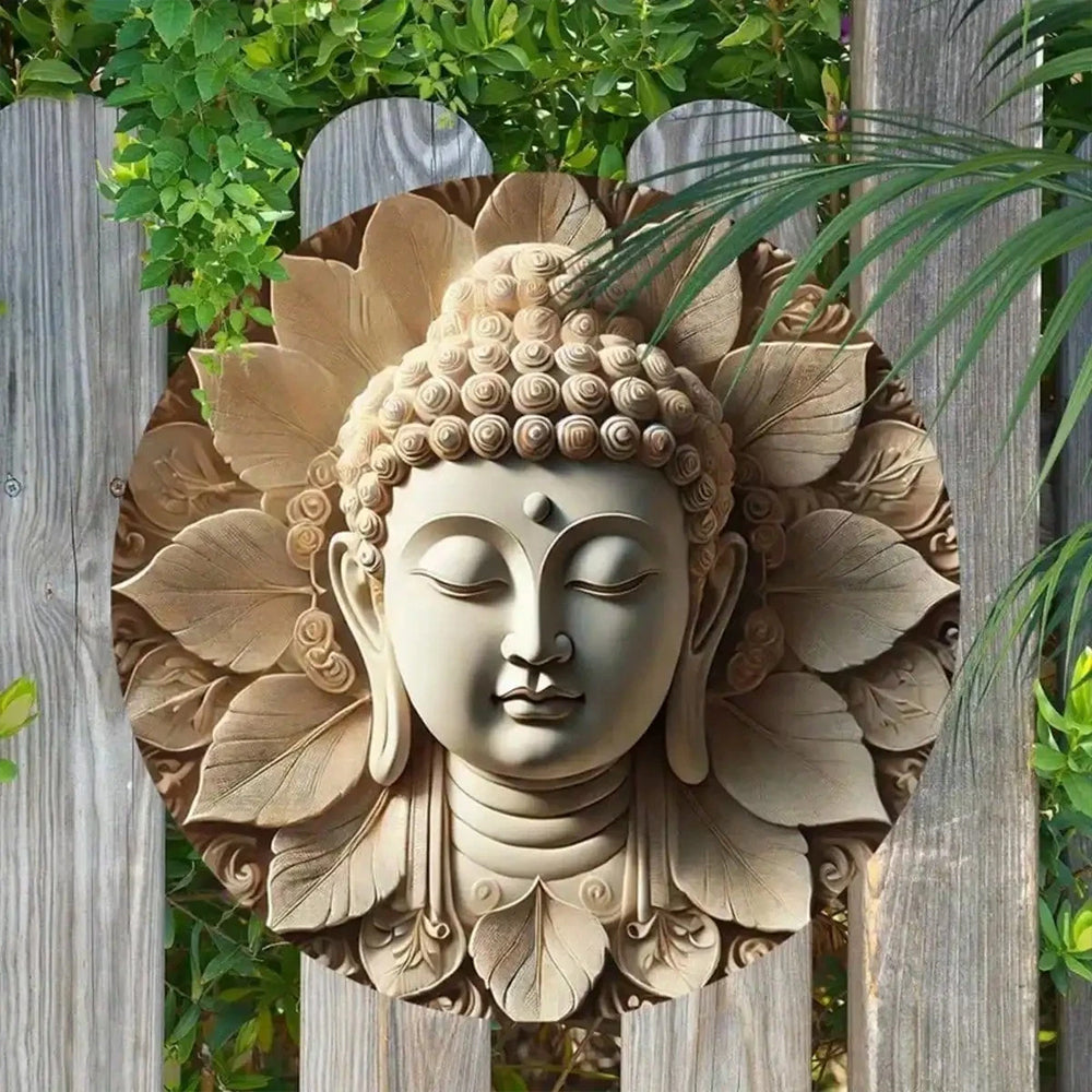 Wooden Buddha Head Plaque – Round Hanging Wall Decor for Indoor Outdoor Home Garden 20cm