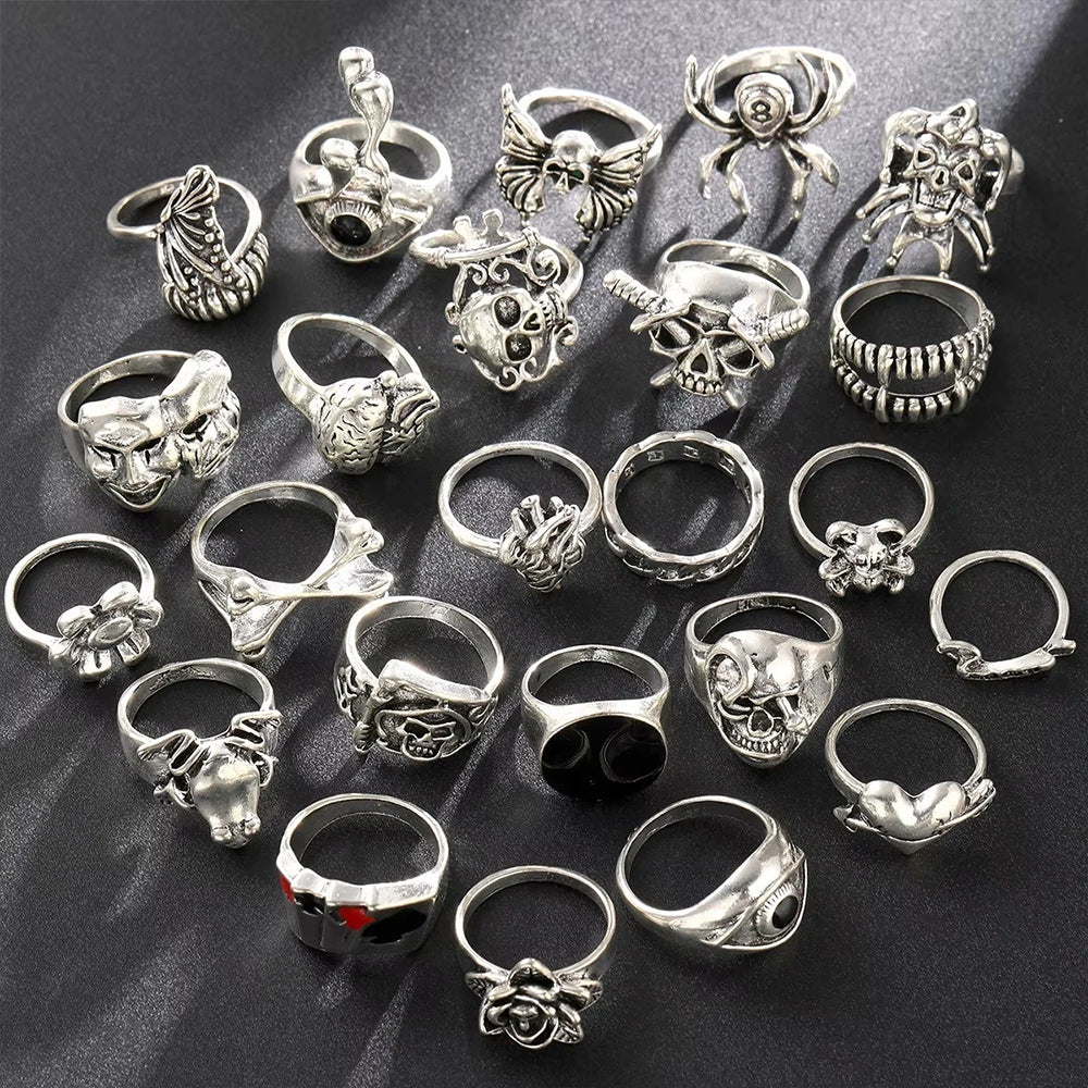 24PCS Gothic Ring Set – Punk Skeleton Skull Rings for Men & Women, Unisex