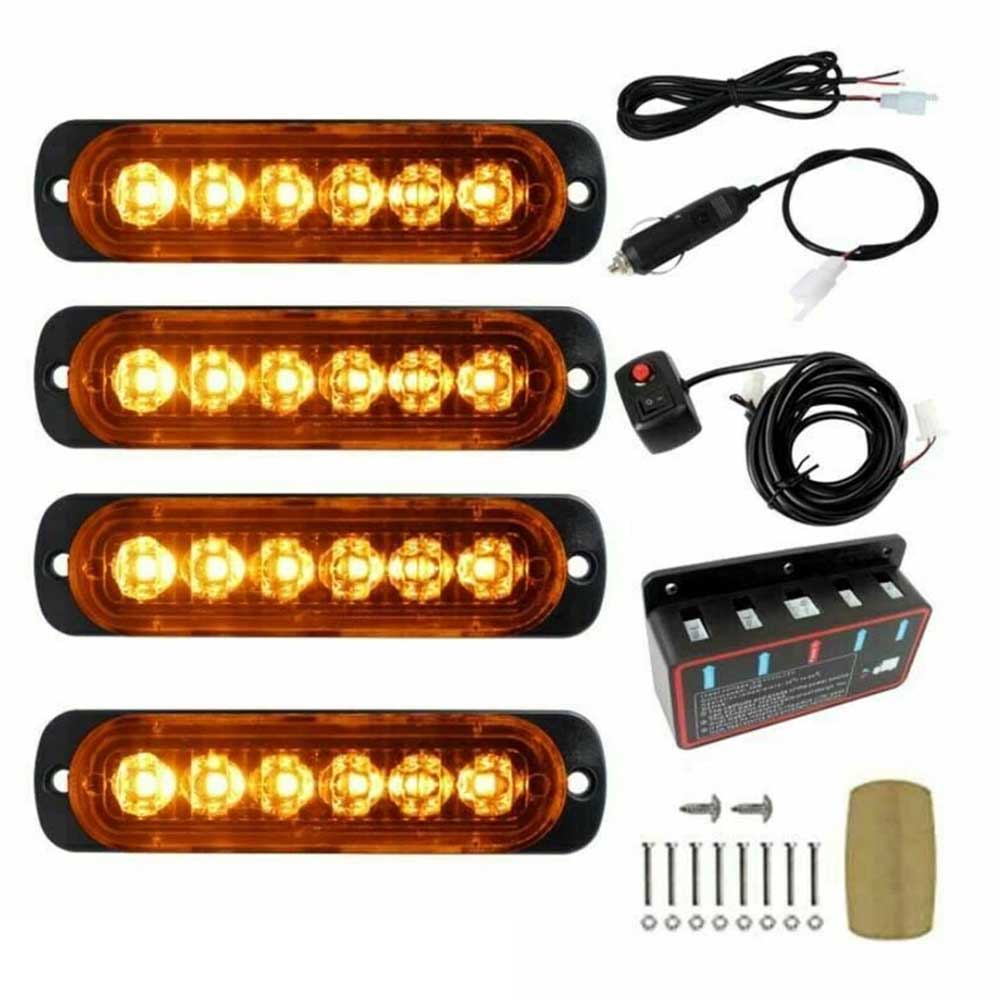 4x 6 LED Amber Strobe Light Bar - 12V Recovery Marker Beacon with 8 Flash Modes