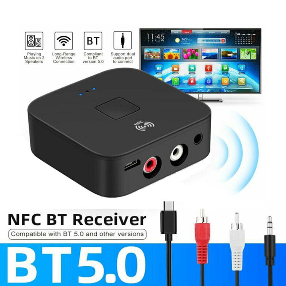 Bluetooth 5.0 Wireless Audio Receiver 3.5MM Jack AUX NFC to 2RCA Music Adapter
