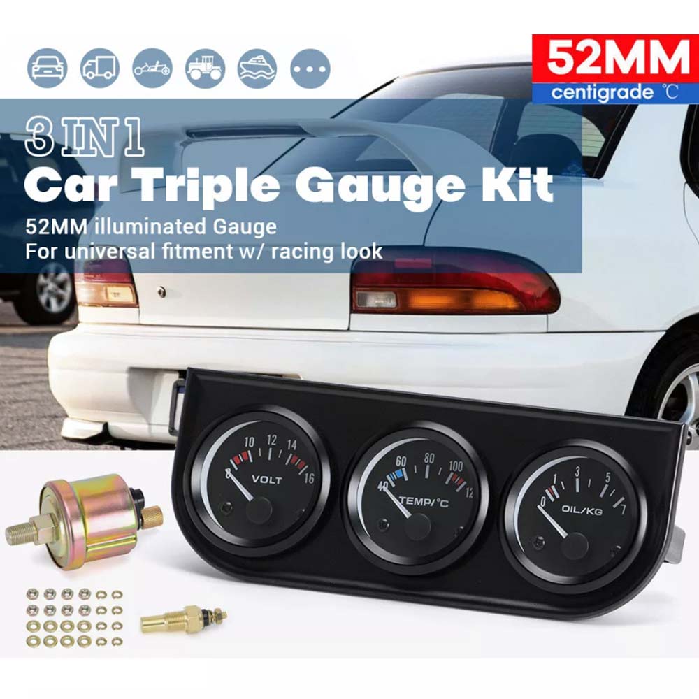 52mm Car Electronic Triple Gauge Kit Oil Pressure + Water + Tem +Voltmeter Meter