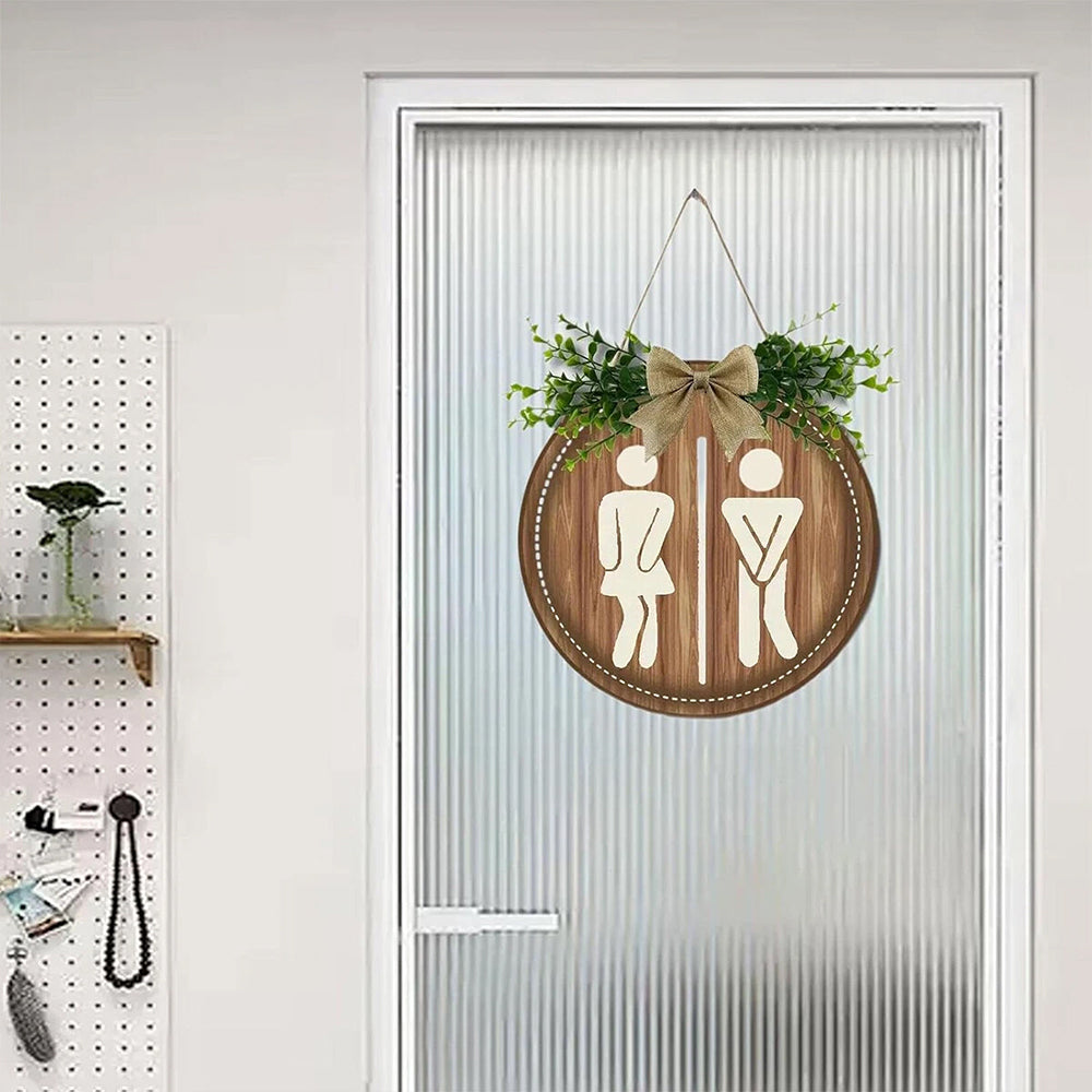 Bathroom Gender Sign – Rustic Wooden Round Hanging Toilet Door Plaque Decor 23CM
