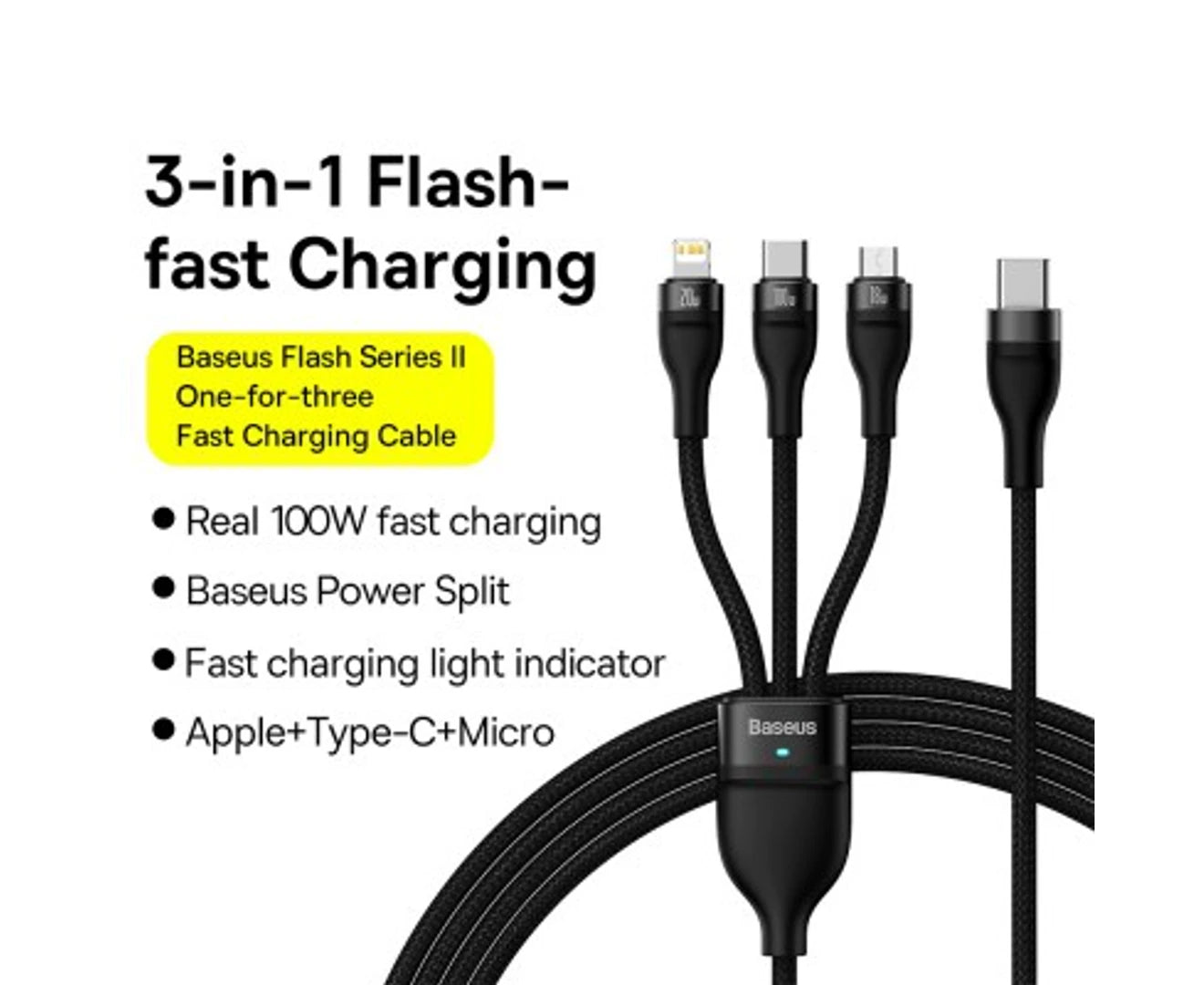Baseus Flash Series II 3 In 1 Fast Charging Cable Type-C To M+L+C 100W 1.5M - Black