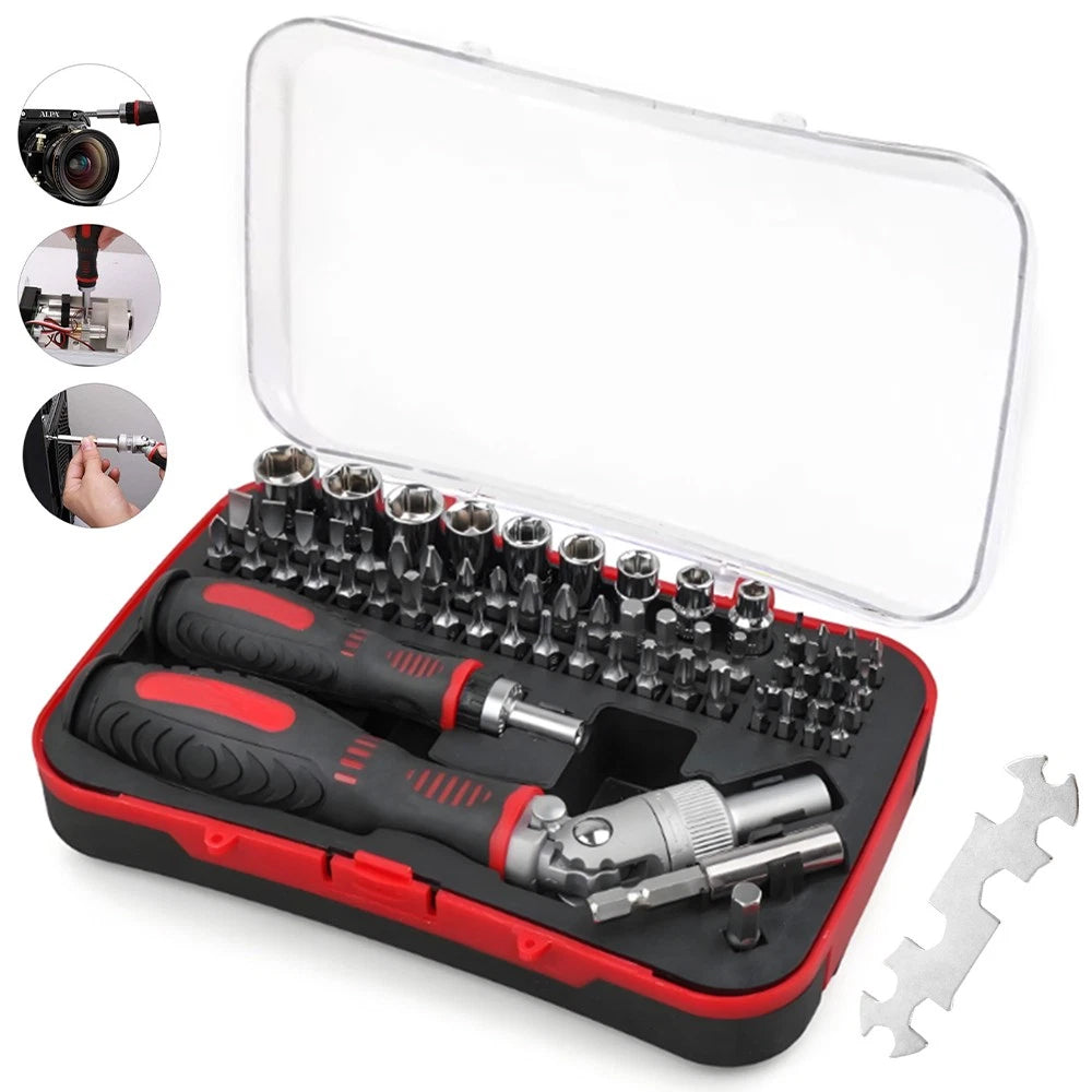 61-Piece Ratchet Screwdriver Set - 1/4" Hex Torx & Socket Kit with Right-Angle Handle
