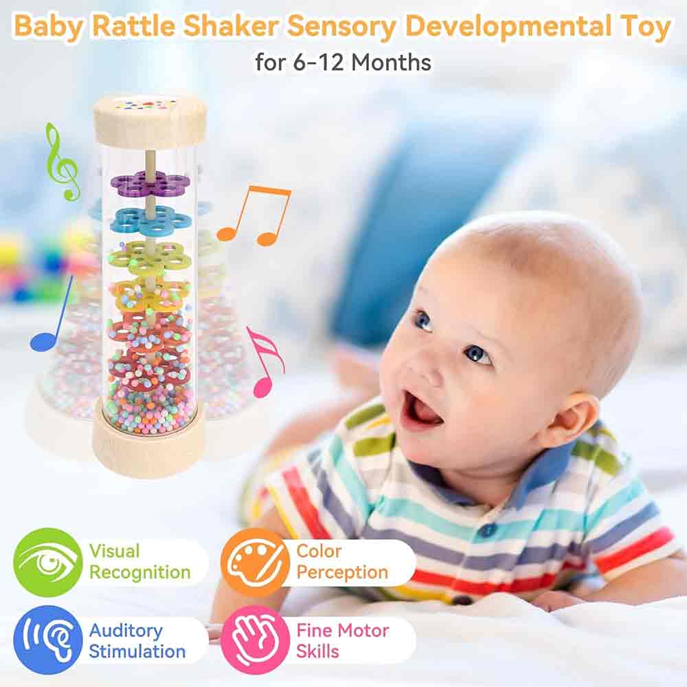 Wooden Rain Stick Rattle Toy – Montessori Musical Sensory Toy for Ages 6-12 Months