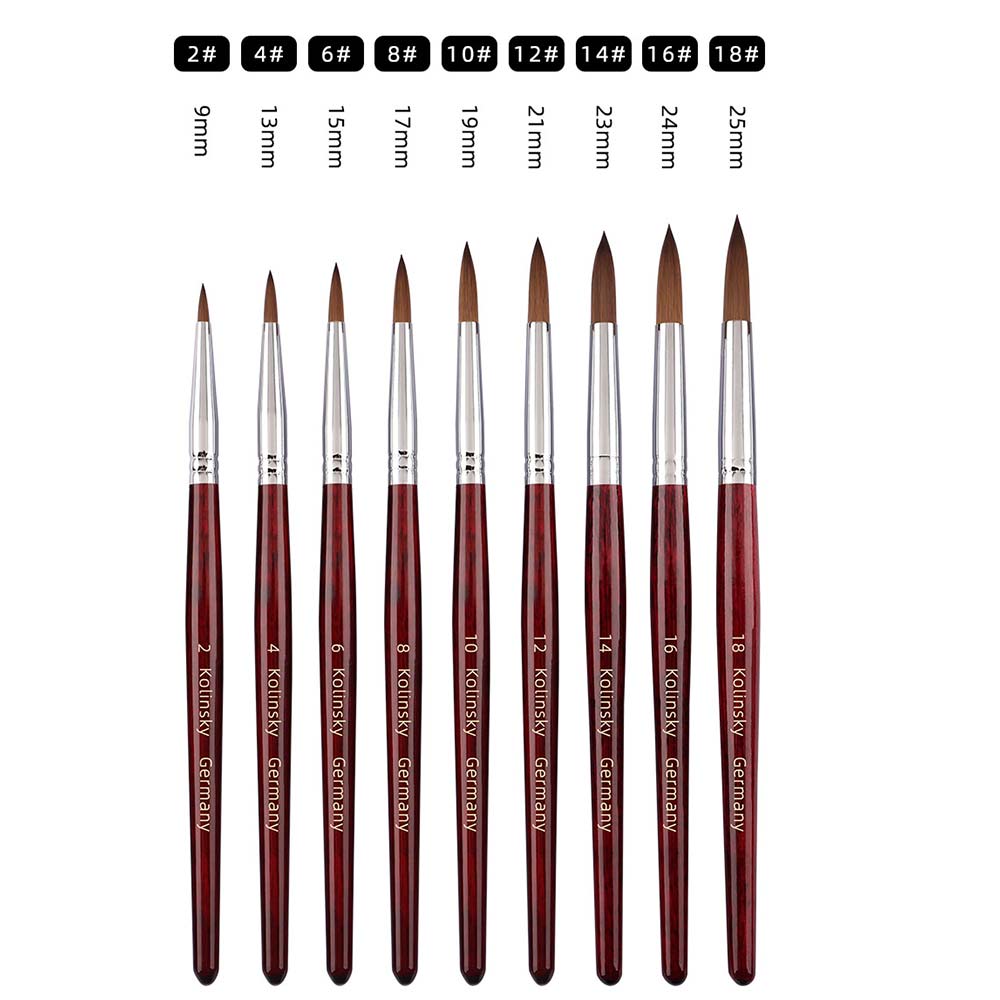 9PCS Acrylic Nail Brush Set Kolinsky Sable Hair - Liquid Powder Crystal Pink Metal Handle