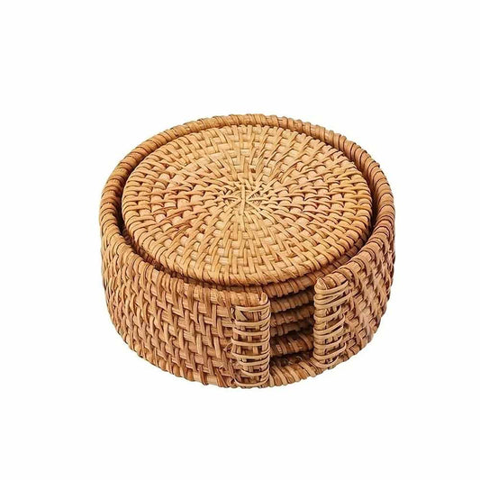 6-Piece Rattan Coaster Set with Base – Heat Resistant Cup Mats, Autumn Design