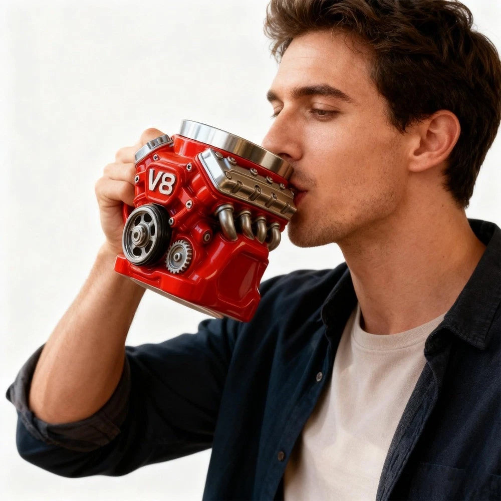 Retro Engine Design Stainless Steel Insulated Mug Double Wall Car-Themed Coffee Cup for Men & Boys,Unique Gift Idea